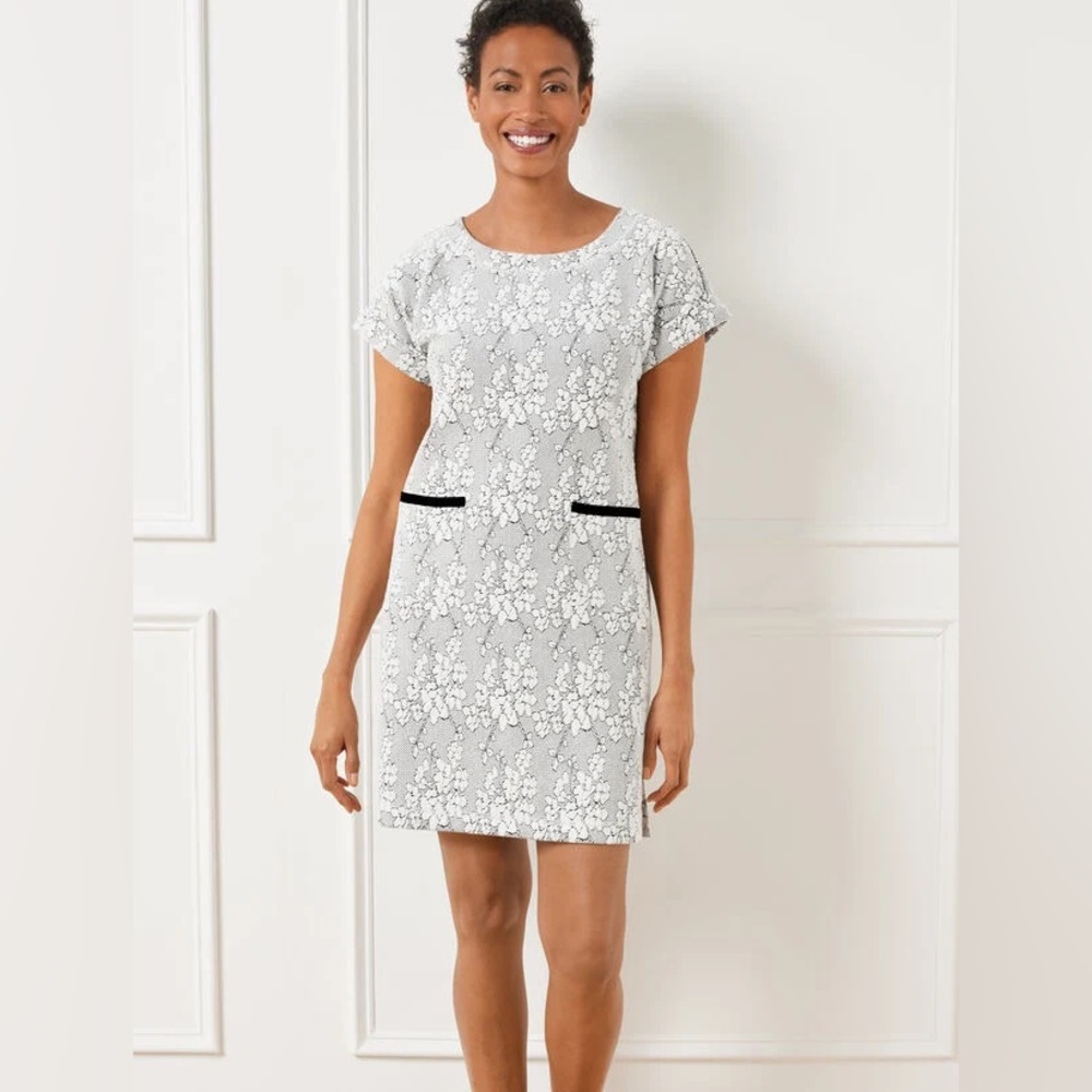 NWT Talbots Jacquard Crewneck Dress Cherry Blossom Black and Ecru Size M